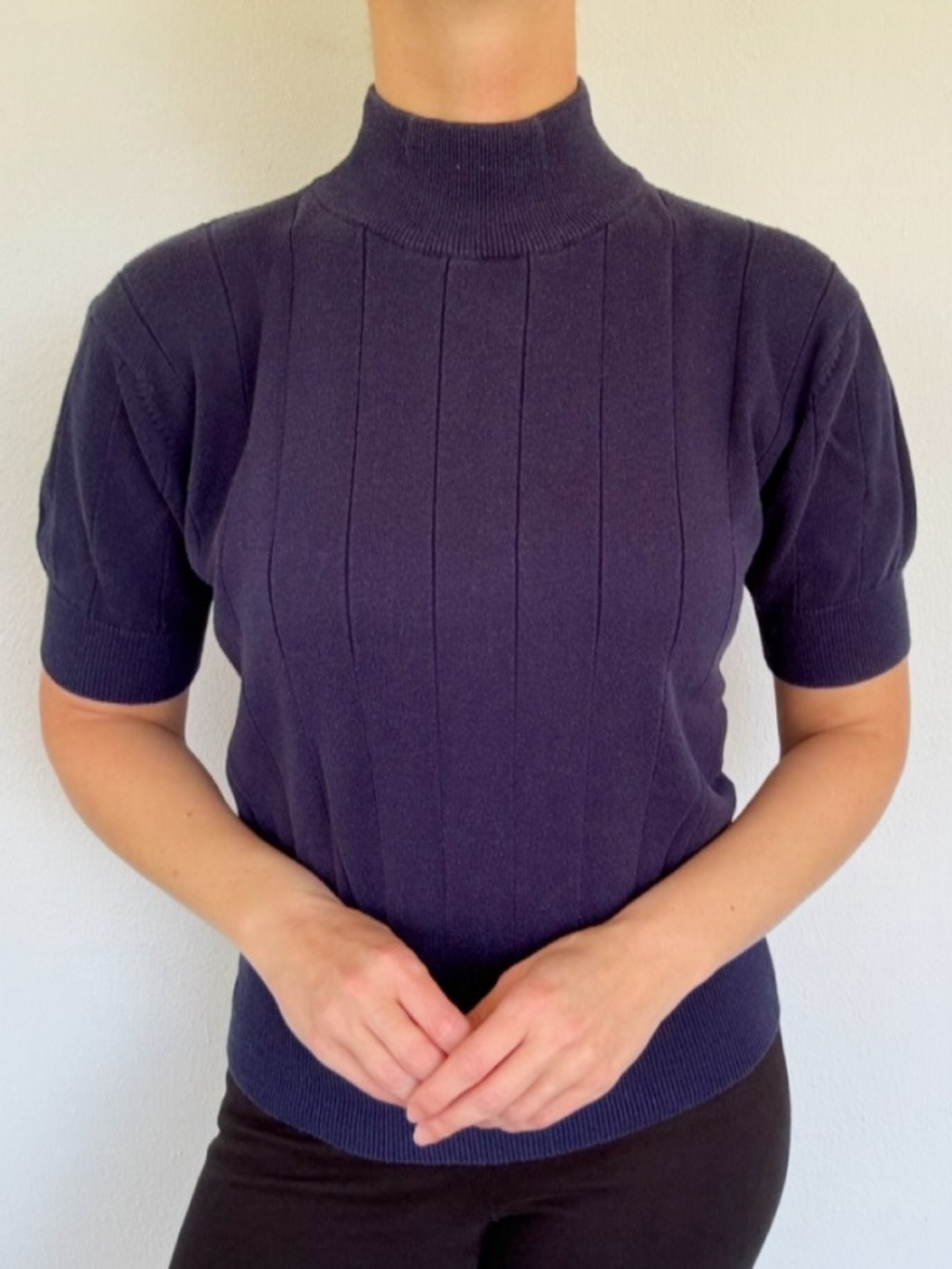 Vintage Milano Design Group navy blue mock neck short sleeve sweater top medium